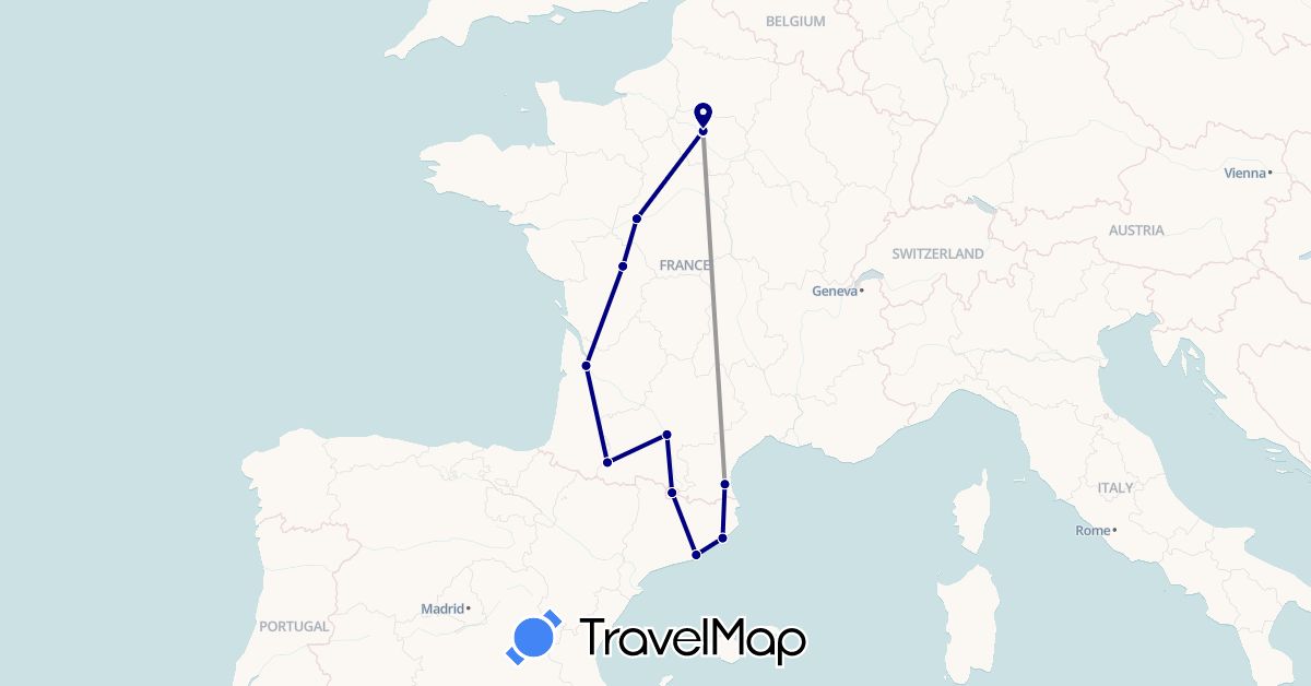 TravelMap itinerary: driving, plane in Andorra, Spain, France (Europe)